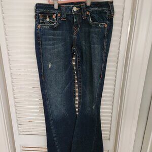 True Religion Dark Blue Joey Twist Distressed Flare Jeans